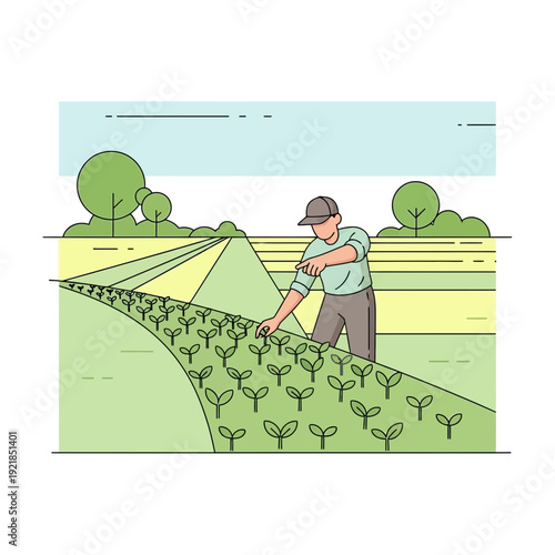 Farmer Cultivating Young Plants In A Lush Agricultural Field Under A Clear Sky