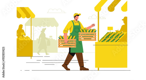 Farmer Delivering Fresh Corn To Market Stalls Vibrant Scene