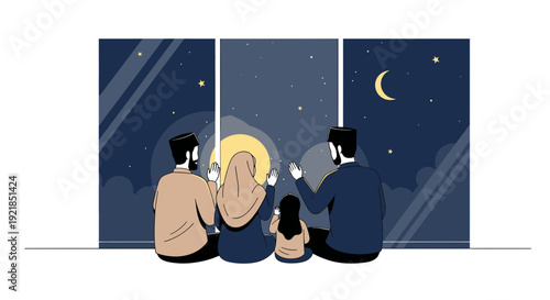 Family Gazing At Moonlit Night Sky