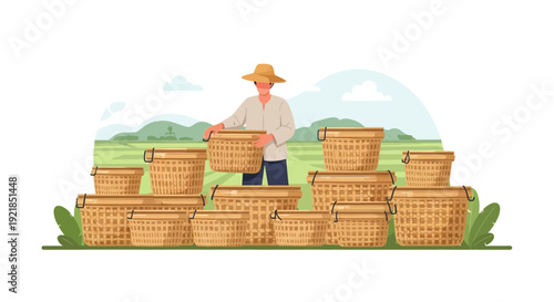 Farmer Displaying Wicker Baskets in Green Field and Preparing to Harvest Crops