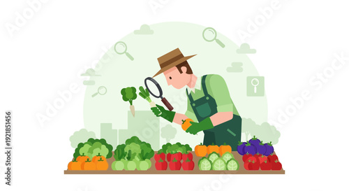 Farmer Examining Fresh Produce With Magnifying Glass and Searching Icons