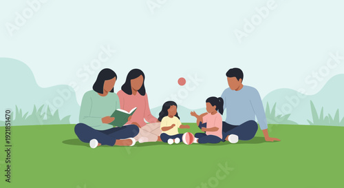 Family Leisure Time Enjoying Books Outdoors In A Green Meadow Setting