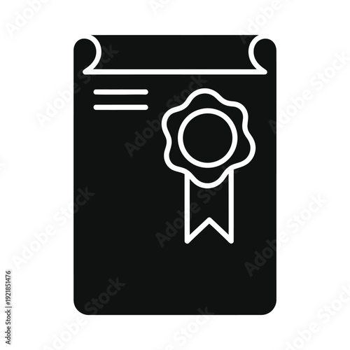 Black document icon with white rosette and ribbon on isolated, ui elements