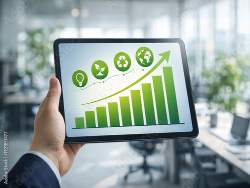 ESG performance growth chart on tablet screen, sustainable business and green investment analytics concept