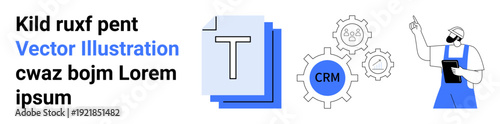 Customer relationship management, workflow optimization, business processes, technical services, software integration, teamwork. Technical icons with gears and text with CRM. CRM and workflow
