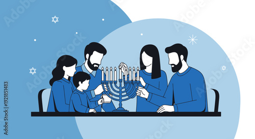 Family Lighting Candles On A Menorah During Hanukkah Celebration