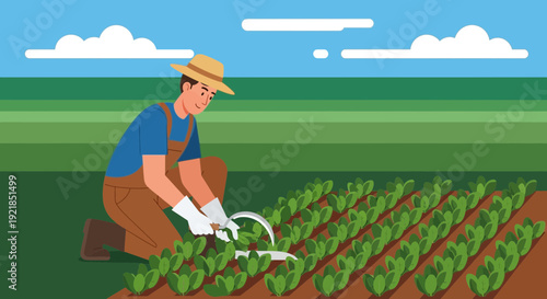 Farmer Harvesting Crops In A Field With A Sickle