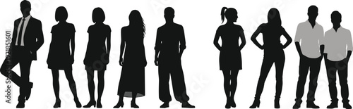 Diverse group of business people, men and women in casual and formal attire, standing black silhouette vector illustration