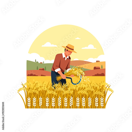 Farmer Harvesting Golden Wheat Field Under Sunny Sky Agricultural Scene