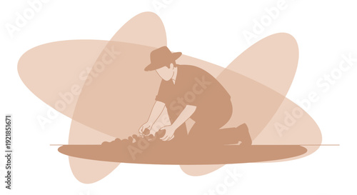 Farmer Harvesting Potatoes With Minimalist Art Style