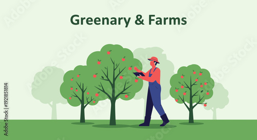 Farmer Inspecting Fruit Trees With Tablet Digital Agriculture Innovation