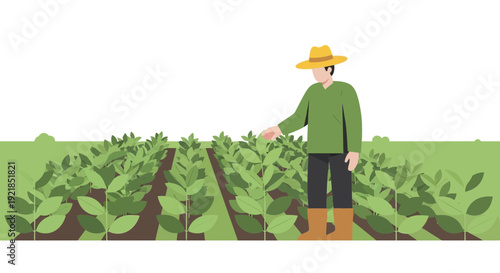 Farmer Inspecting Growing Crops in a Verdant Field Agricultural Scene