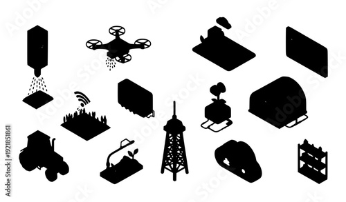 A collection of black silhouettes depicting various industrial and technological icons on a white background