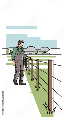 Farmer Inspecting Rural Fence Line Agricultural Landscape Field
