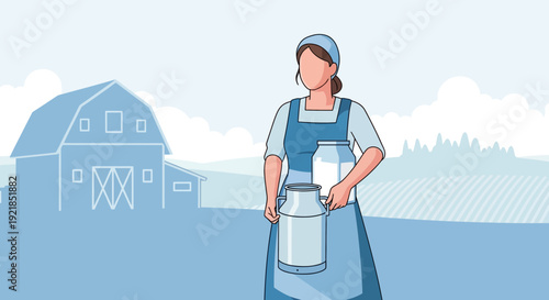 Farm Fresh Milk Delivery Woman With Creamery Cans And Barn Background