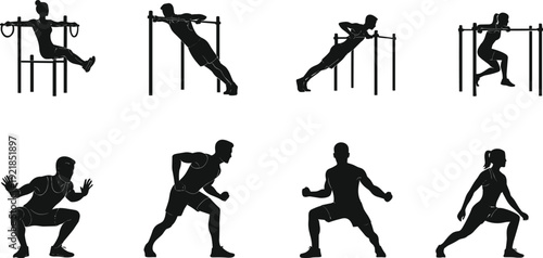 Collection of fitness silhouettes performing dynamic exercises, including squats, lunges, and bodyweight training on parallel bars, a vector illustration for health and gym themes