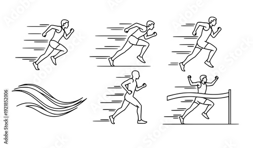 A minimalist vector graphic illustration of a man running in various poses, conveying speed and motion.