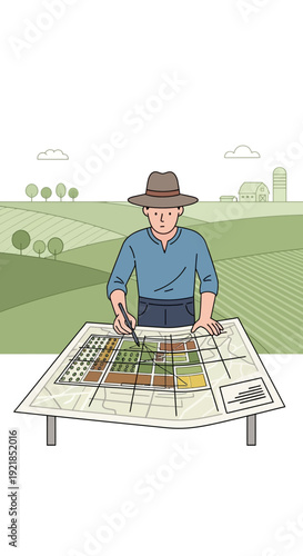 Farmer Planning Rural Development On Topographical Map