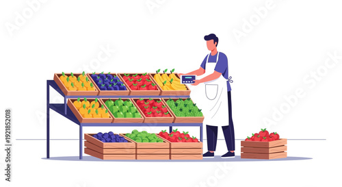 Farmer Arranging Fresh Produce On Display At Market Stall