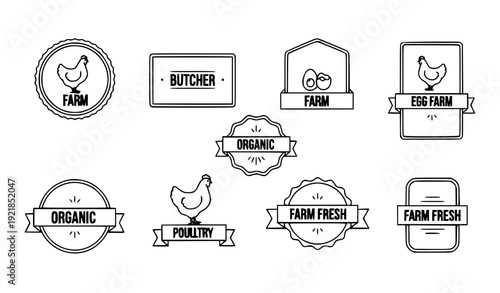 A set of black and white vector graphics featuring farm and organic food labels with chickens and banners