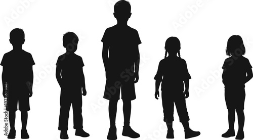 Collection of kids silhouettes of boys and girls in various heights, standing and posing, vector illustration for childhood and education
