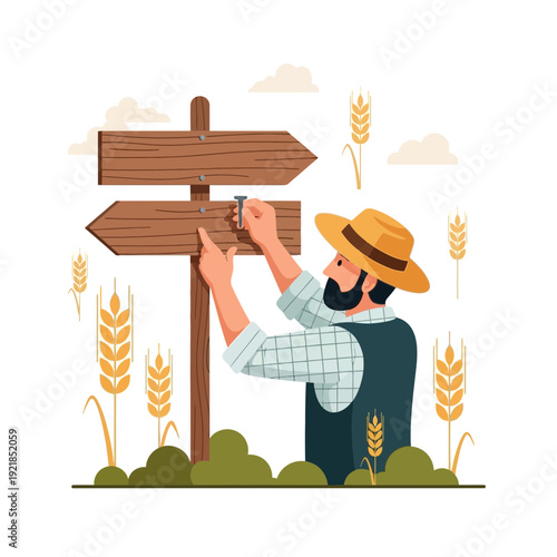 Farmer Carefully Attaching Directional Signage Amidst Golden Wheat Fields
