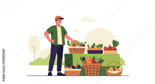 Farmer Presenting Harvest Of Fresh Fruits And Vegetables In Baskets