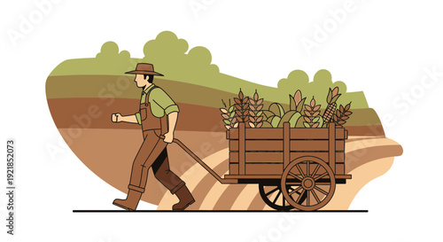 Farmer Pulling A Cart Full Of Harvested Crops From The Field