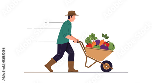 Farmer Pushing Wheelbarrow Full Of Fresh Vegetables Fresh Produce Harvesting Outdoors
