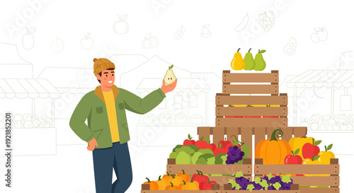 Farmer Showing Off Fresh Produce At Outdoor Market Stall