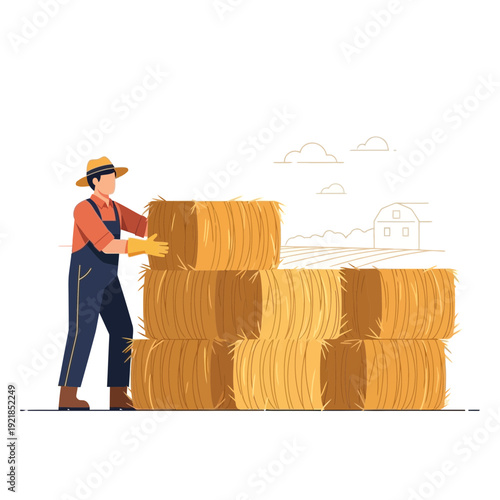 Farmer Stacking Hay Bales On A Sunny Day Preparing For Harvest