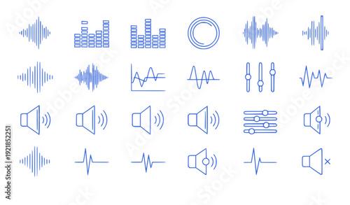 A collection of blue vector icons representing sound waves and audio equipment on a white background