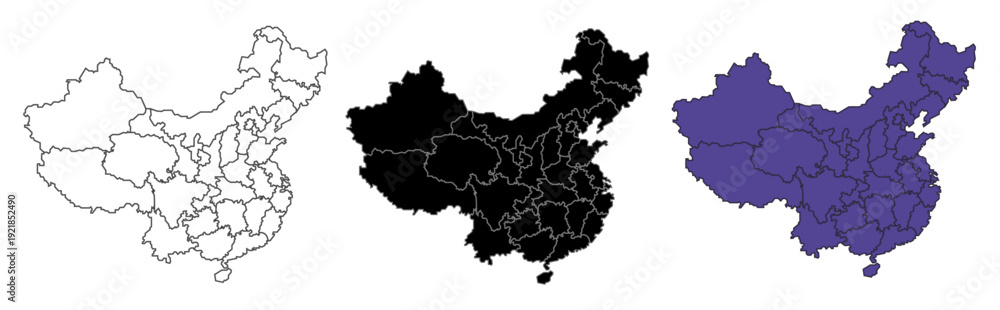 Obraz premium A set of vector maps of China with provincial boundaries in three styles.