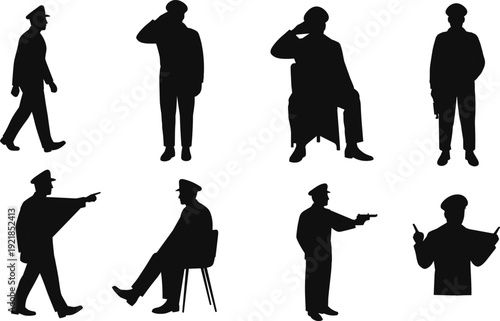 Collection of police officers or security guards in various poses, from saluting to pointing and walking, a versatile silhouette set for law enforcement