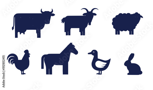 A set of farm animal silhouettes in a minimalist design style