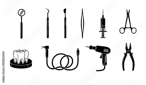 A set of dental tools and equipment in a flat, minimalist vector illustration style