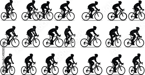 Cyclist and athlete silhouettes riding road bicycles, showcasing dynamic movement, training, fitness, and sport with speed and performance