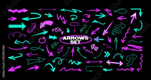 Various hand drawn arrows made in different styles. Neon arrows in doodle, spray graffiti, bold, thin, in outline and pop art style. Hand-drawn directions and pointers. Acid vector graphic box