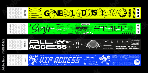 Y2K Event Ticket Wristband Set with VIP and All Access, Staff, General Admission Passes. Acid neon event wristband and ticket templates featuring. Y2K paper pass, admission, access. Vector set
