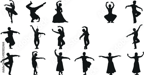 Dancing people black silhouettes set, including ballet dancers, hip-hop, and various traditional dance poses