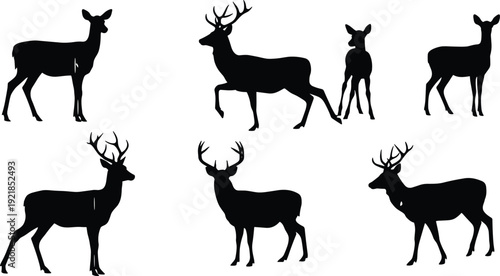 Deer silhouettes cad drawing flat vector illustration, six wildlife animals in standing and walkingDeer silhouettes cad drawing flat vector illustration, six wildlife animals in standing and walking