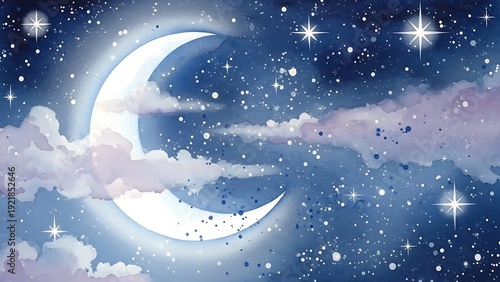 Ethereal Watercolor Night Sky Crescent Moon Scene