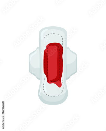 Vector illustration of a sanitary pad with a red stain on a white background.