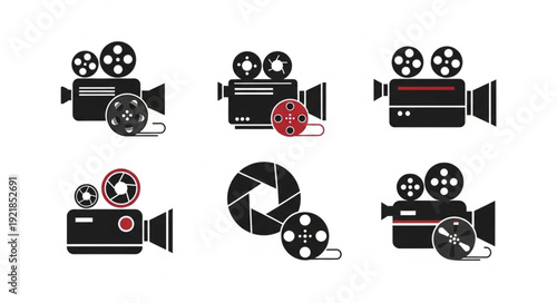 Collection of vintage film camera icons and reels.