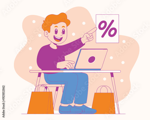 Man points to percentage sign and laptop, symbolizing online shopping deals and discounts with shopping bags.