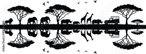African safari silhouette, wildlife reflection, lion, elephants, rhinoceroses, giraffes, birds, acacia trees, safari vehicle, nature illustration, ecosystem art