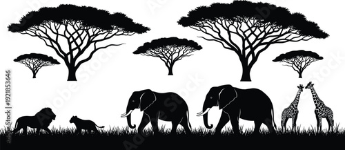 African savanna silhouette, acacia trees, lion cub, elephants, giraffes, wildlife art, nature illustration, safari landscape, biodiversity, animal silhouettes, ecosystem design