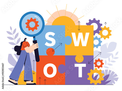 SWOT analysis concept with puzzle pieces and gears, representing strategy, planning, and business development.