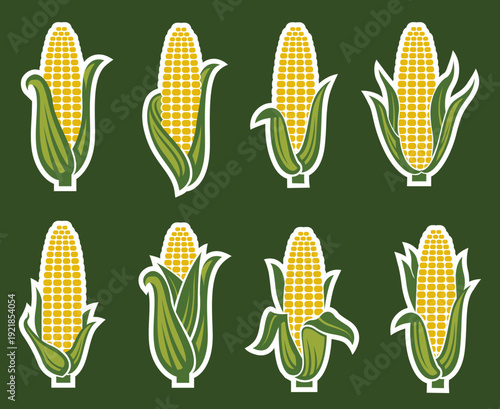 collection of corncob icons isolated on green background