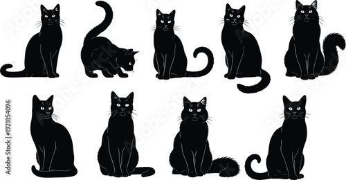 Cat silhouette vector illustration set, black white clipart of feline animal poses sitting crouching playing design, artwork bundle for pet themes